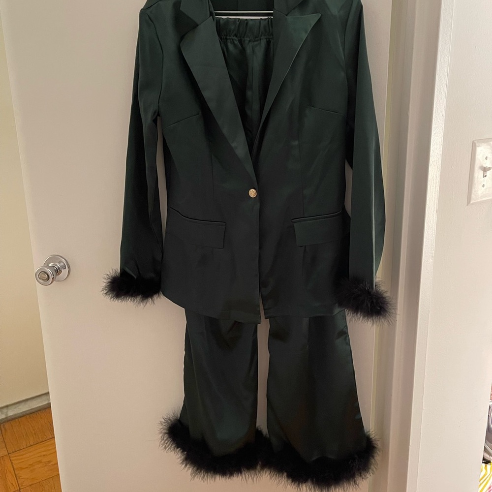 Green satin fur trim suit